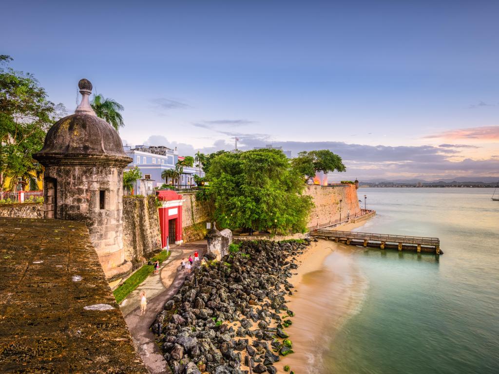 San Juan, Puerto Rico Caribbean coast along Paseo de la Princesa on a sunny day.