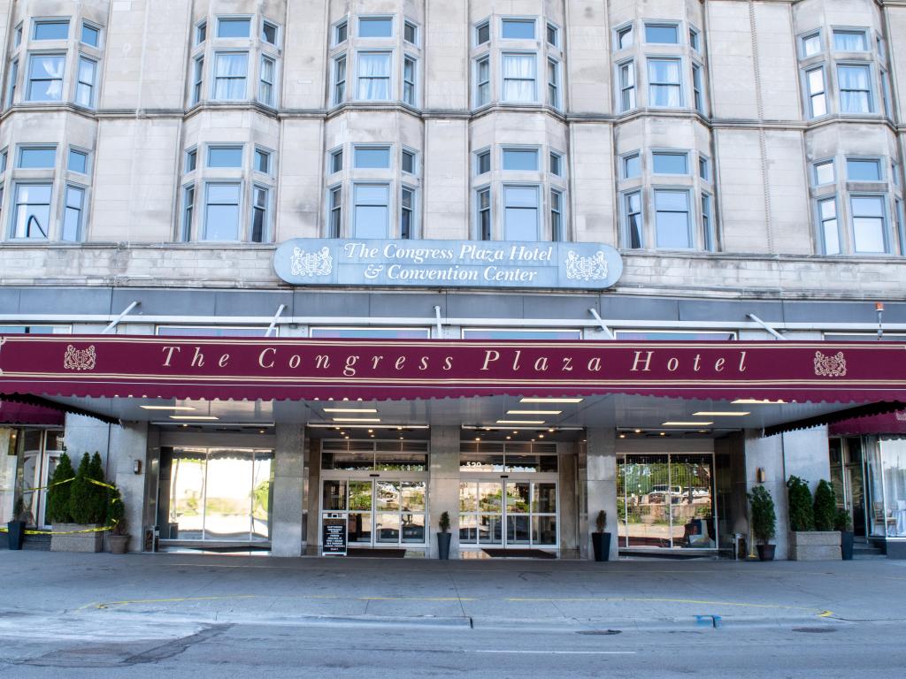 The aged facade of the famous hotel, viewed from the street