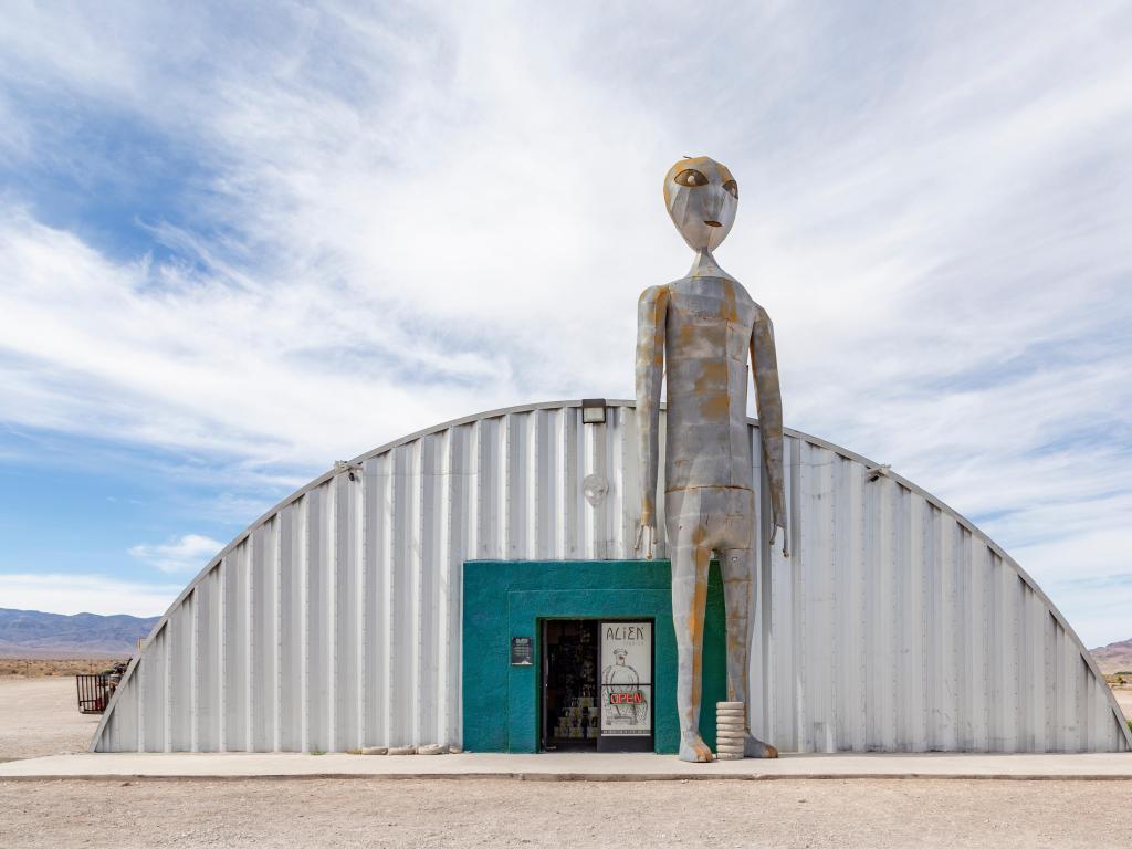 The Alien Research Center, with tall metal alien sculpture at the entrance, Hiko, USA