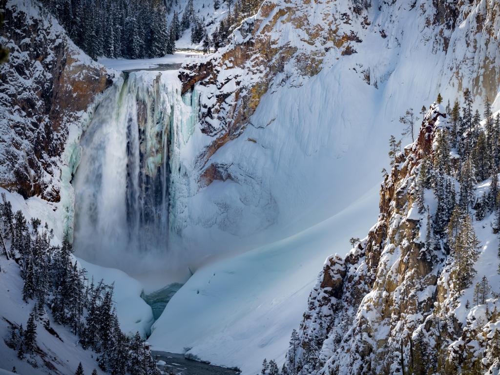 Frozen Yellowstone Canyon Waterfall, frozen in winter