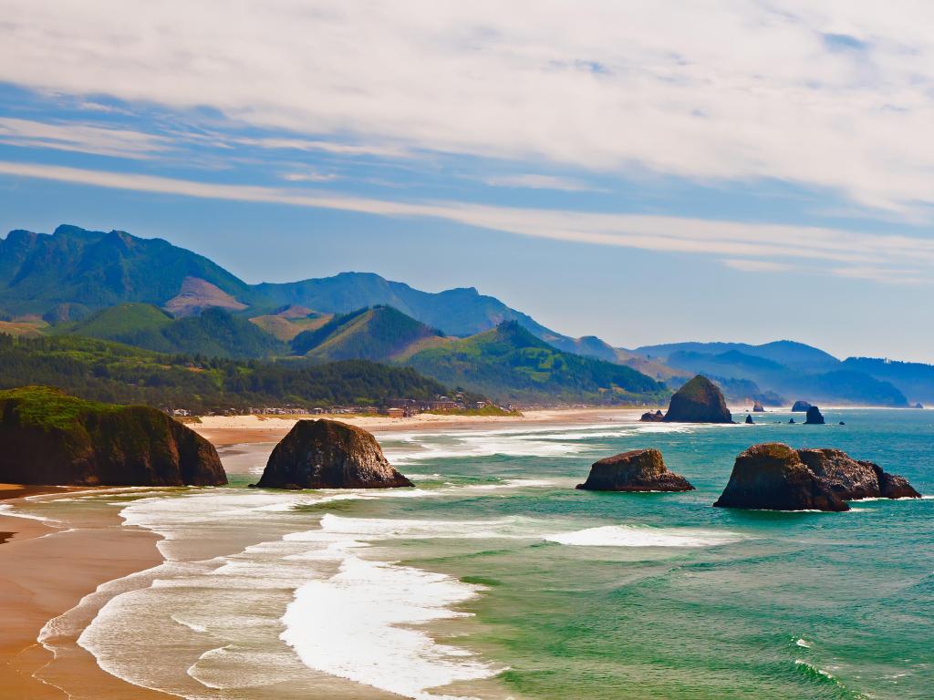 View of Cannon Beach in Oregon with Haystack Rock in the background.