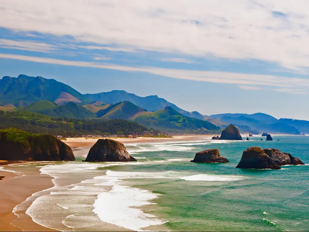 View of Cannon Beach in Oregon with Haystack Rock in the background.