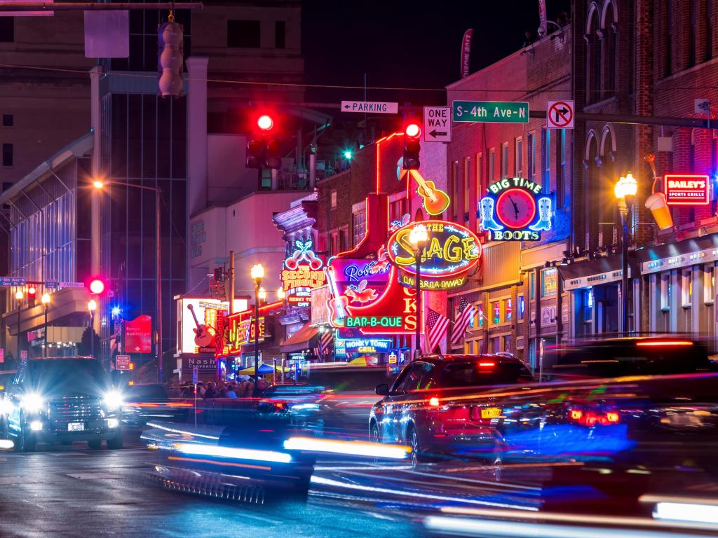 Nashville, Tennessee, USA with the neon signs on Lower Broadway Area at night.