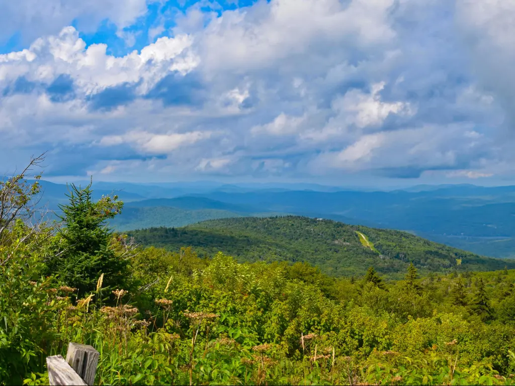 A panoramic taken from the top of Okemo Mountain in Ludlow, Vermont, USA on a sunny day.