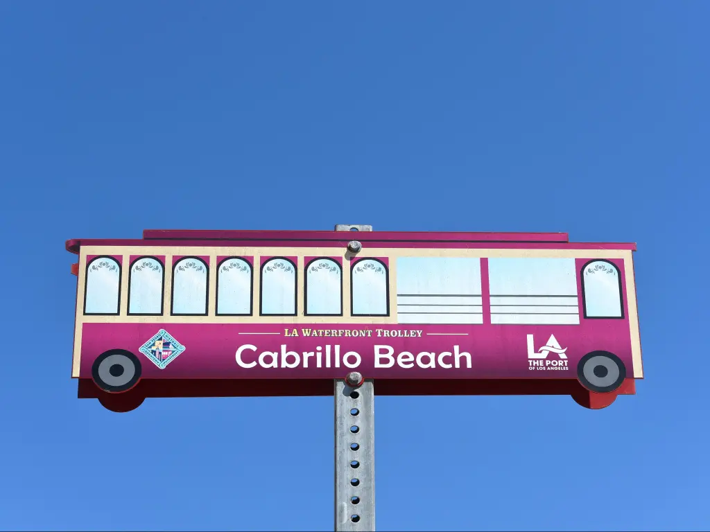 Sign for the LA Waterfront Trolley at Cabrillo Beach.