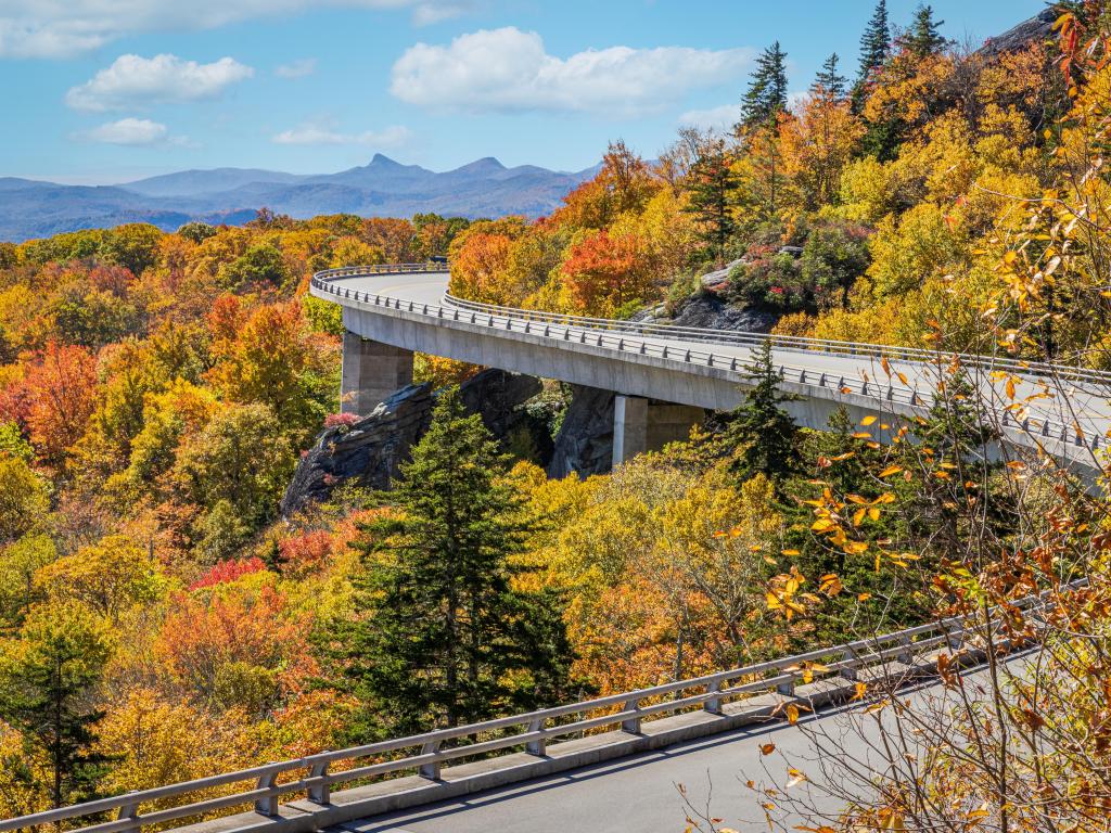 Blue Ridge Parkway, North Carolina, USA taken at the Lincove Viaduct with fall colors.