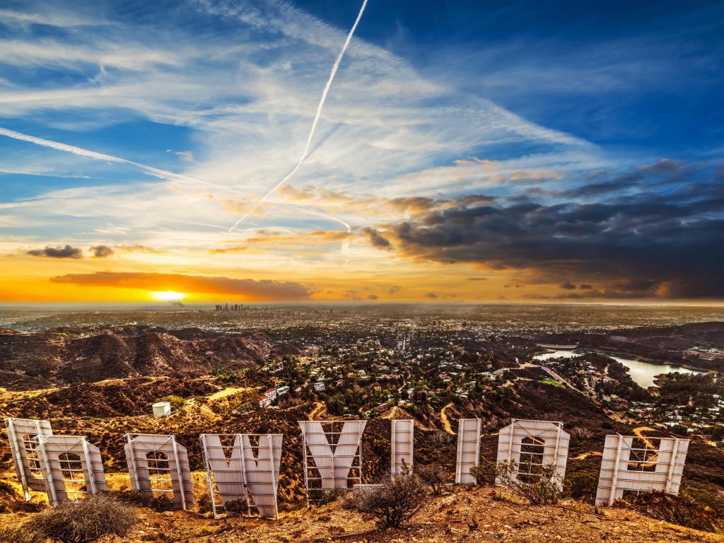 Colorful sky over Hollywood sign at sunset, Los Angeles