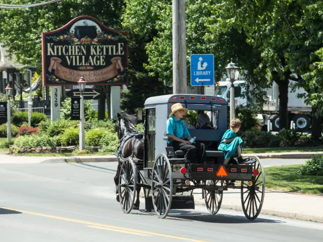 Amish children ride in the back of a buggy on the main street of a Lancaster County village.