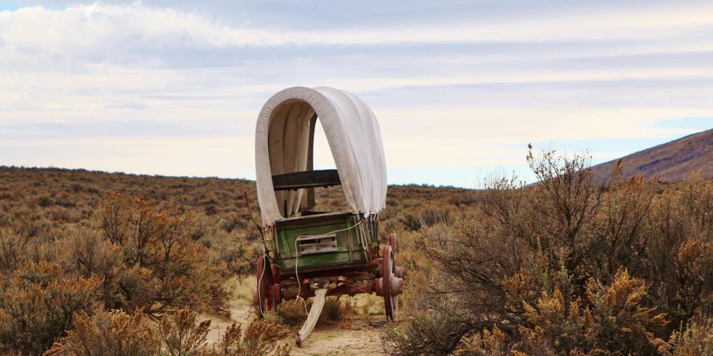 Old covered wagon along the historic Oregon Trail near Baker City