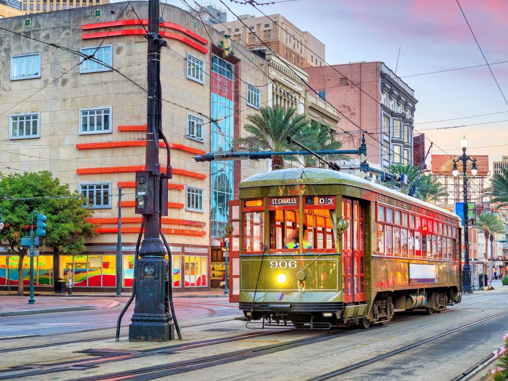 Streetcar in downtown New Orleans, USA at twilight