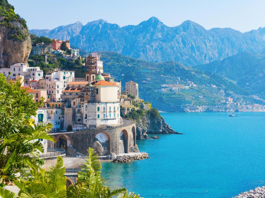 Daylight view of small city Atrani on Amalfi Coast in province of Salerno, in Campania region of Italy. 