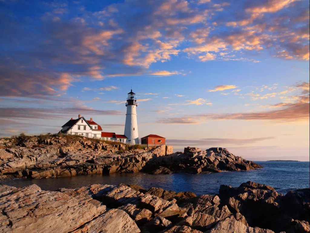 The Portland Head Light, Portland, Maine, USA taken at early morning with rocks in the foreground. 