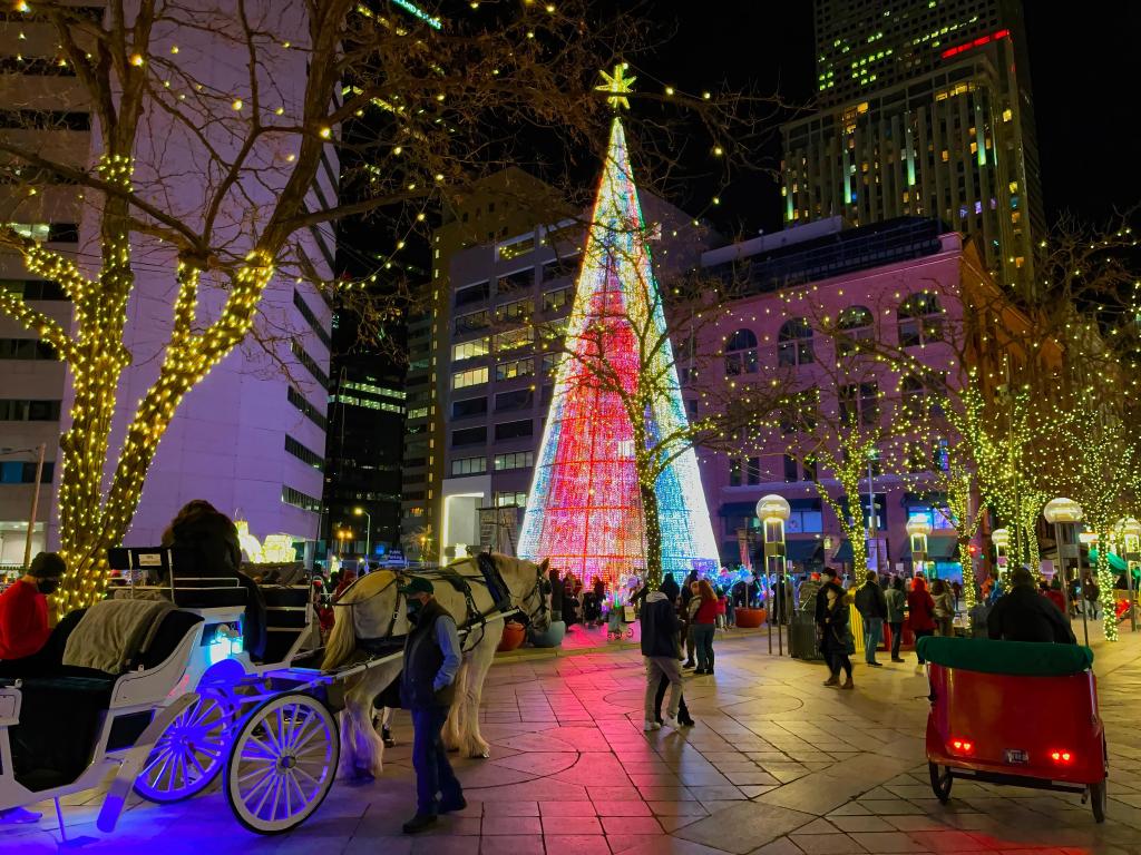 Christmas decorations and horse drawn carriages in downtown Denver