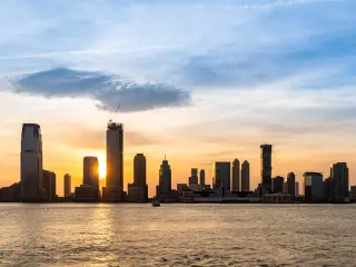New Jersey skyline during an orange sunset