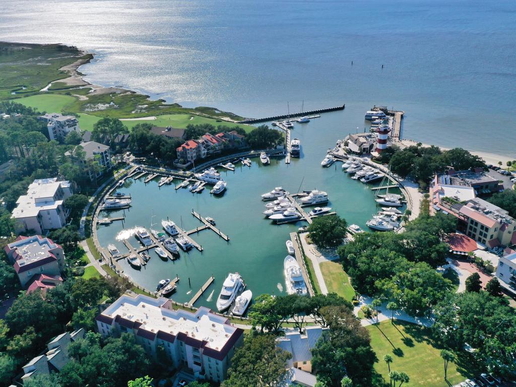 Aerial view of Harbour Town, Hilton Head with boats docked in the marina
