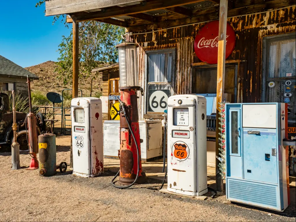 Classic gas pumps along Route 66 at the Hackenberry General Store in Hackenberry, Arizona