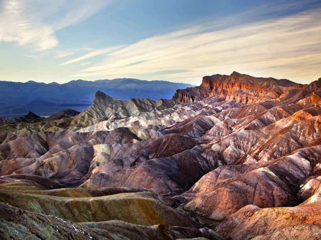 Zabriski Point with mudstones that form Badlands at Death Valley National Park, California, USA.