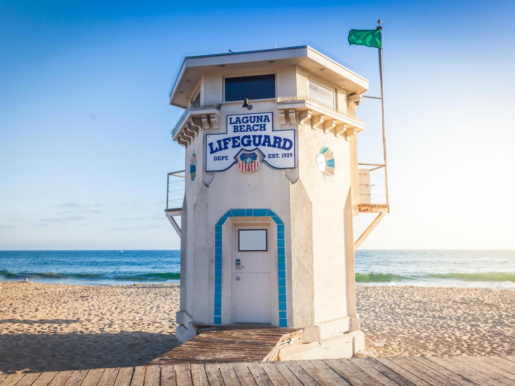 Laguna Beach lifeguard tower in sunset light