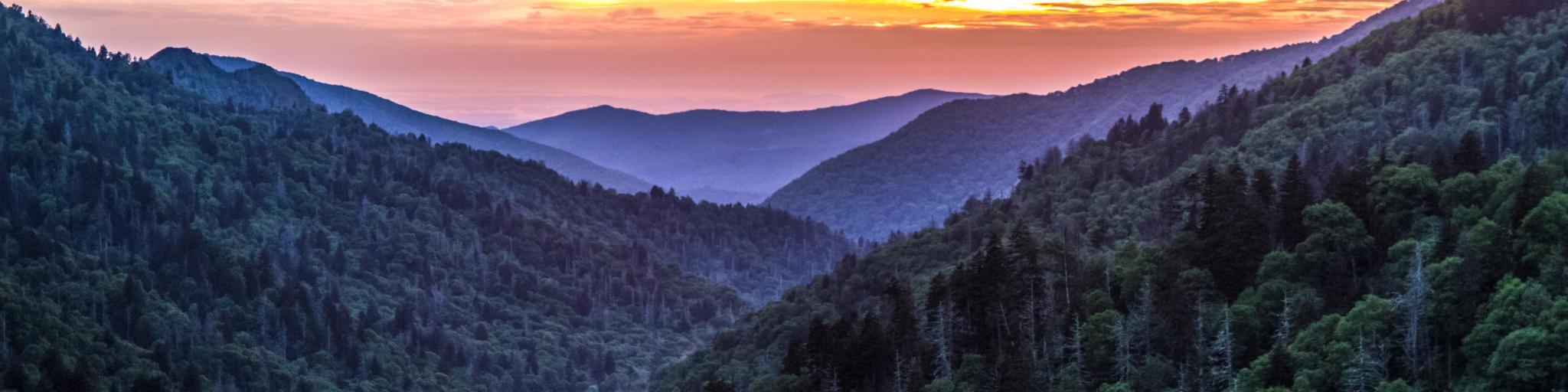 Great Smoky Mountains, Tennessee, USA at sunset with a panorama over the many layers and ridges of the beautiful Appalachian Mountains.