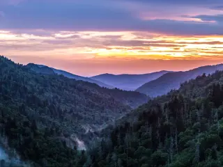 Great Smoky Mountains, Tennessee, USA at sunset with a panorama over the many layers and ridges of the beautiful Appalachian Mountains.