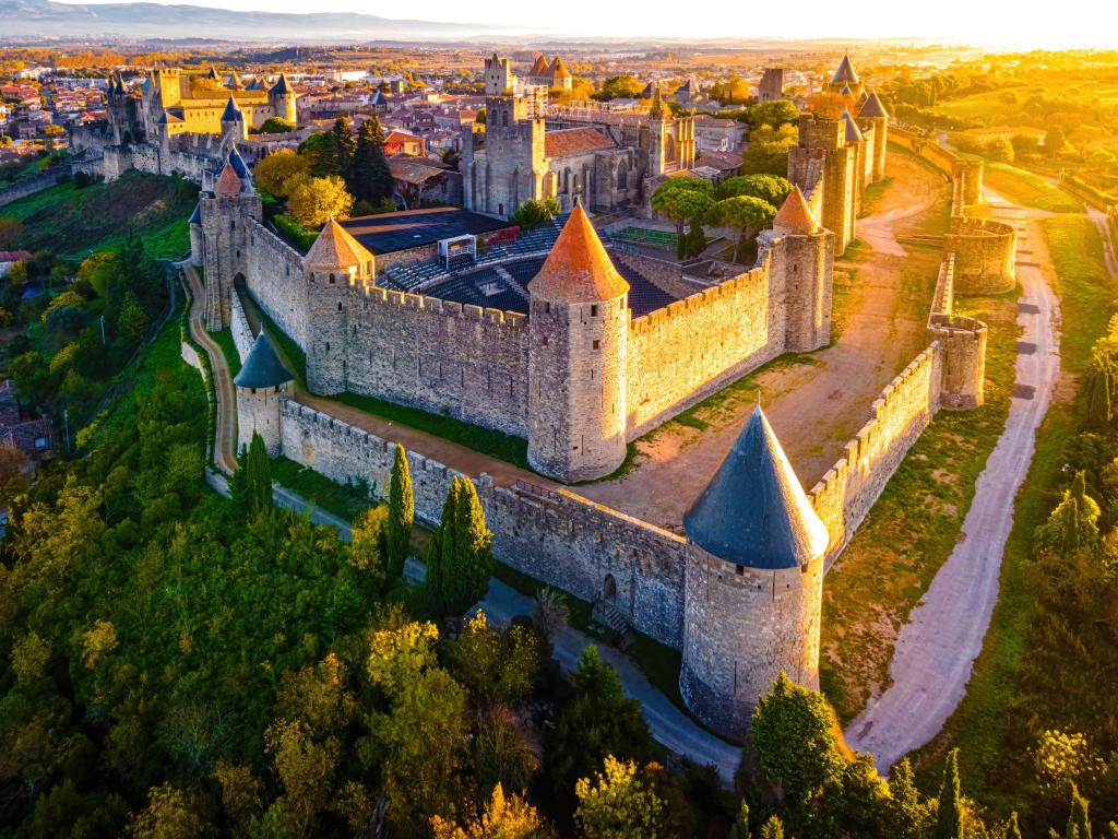 Aerial view of Carcassonne, a French fortified city in the department of Aude, in the region of Occitanie, in France