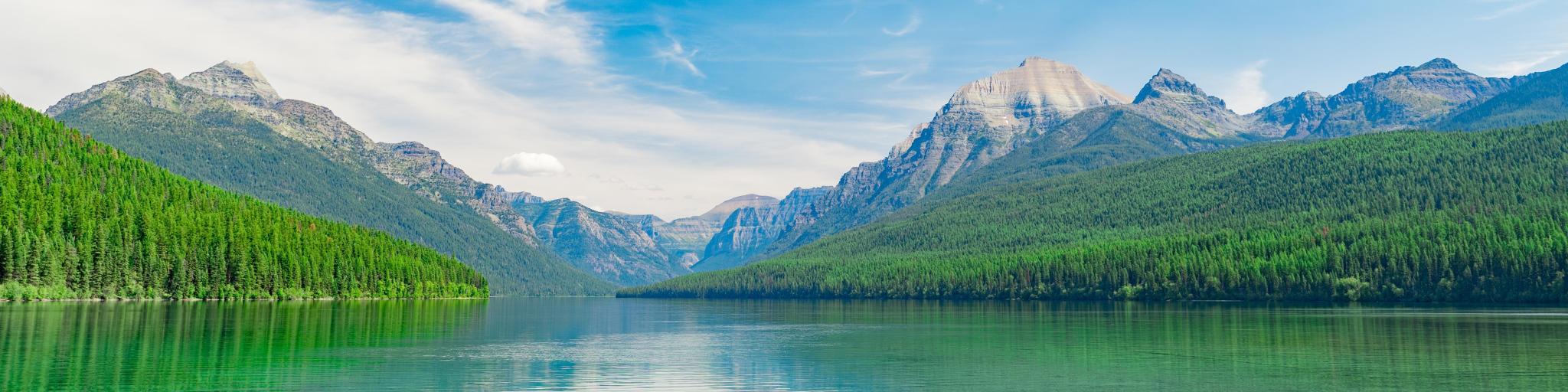 Glacier National Park, Montana, USA with a closeup of the Bowman Lake with trees and mountains in the distance against a blue sky.
