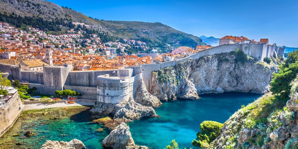 Aerial view of city walls along the waterfront in Dubrovnik, Croatia