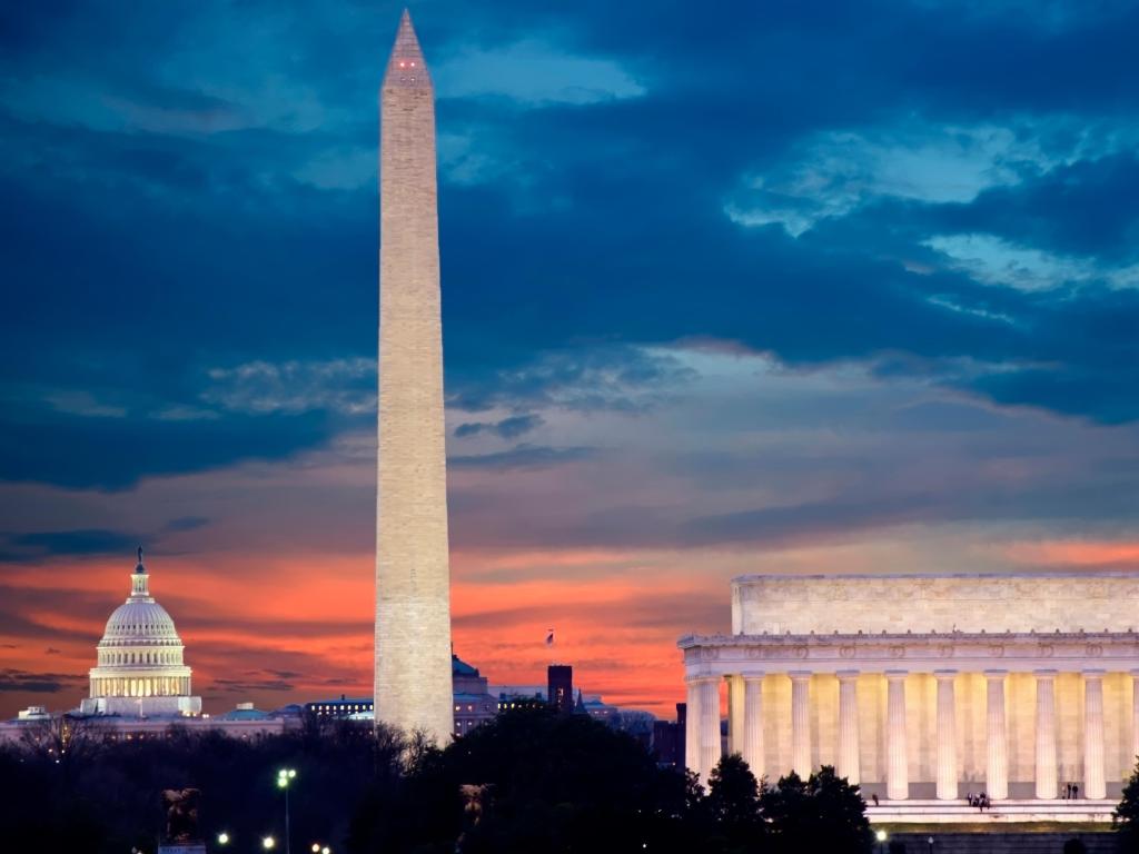 Washington DC skyline including Lincoln Memorial, Washington Monument, and The United States Capitol building