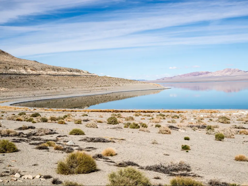 Low water level at Walker Lake, Nevada, revealing a large expanse of sand 
