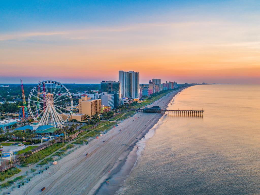 Aerial view of Myrtle Beach, South Carolina at sunset.