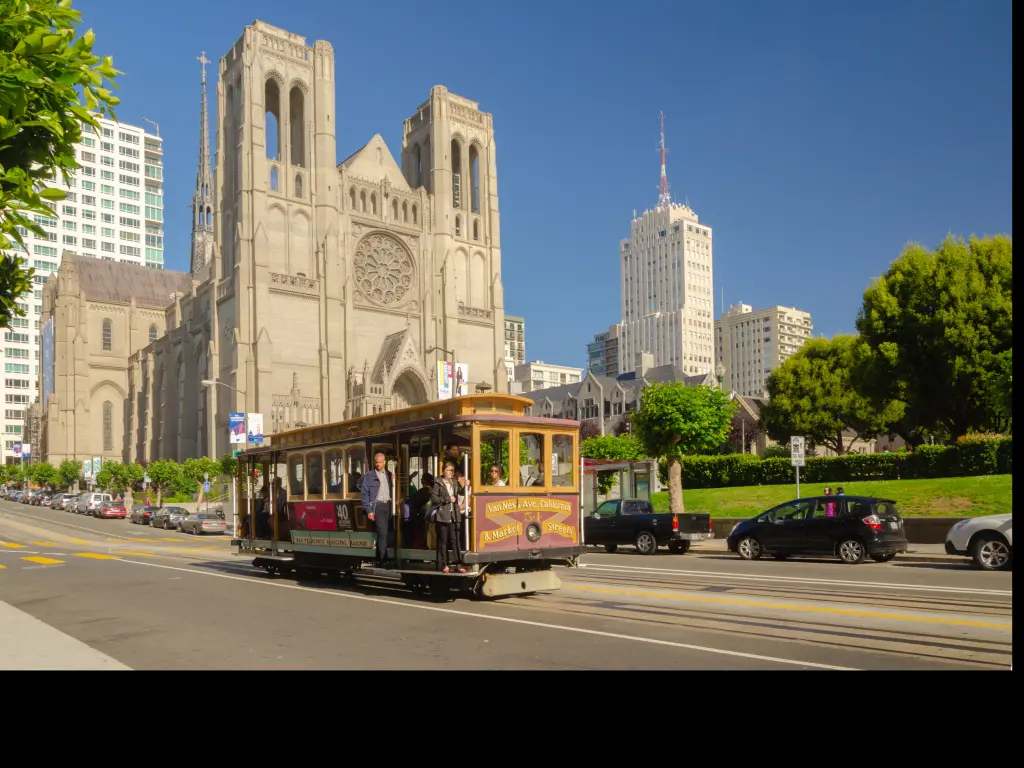 Grace Cathedral on San Francisco's Nob Hill with a cable car in front of it