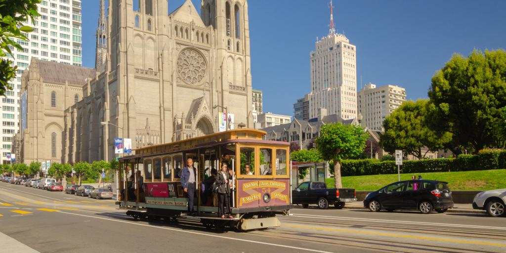 Grace Cathedral on San Francisco's Nob Hill with a cable car in front of it