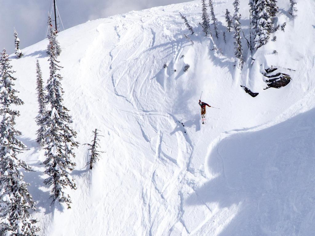 Downhill skiing at Revelstoke ski resort in British Columbia, Canada