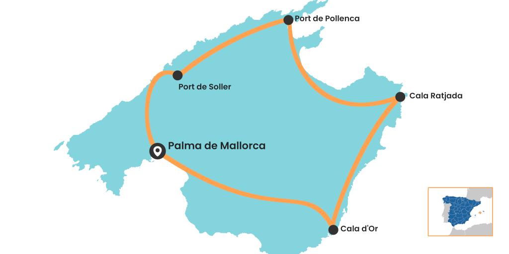 Map of the Mallorca road trip around the island starting and ending in Palma de Mallorca