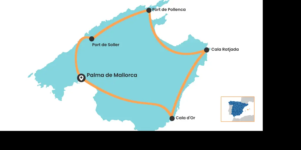 Map of the Mallorca road trip around the island starting and ending in Palma de Mallorca