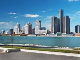 Panoramic view of Detroit cityscape on beautiful sunny day, taken from Canada 