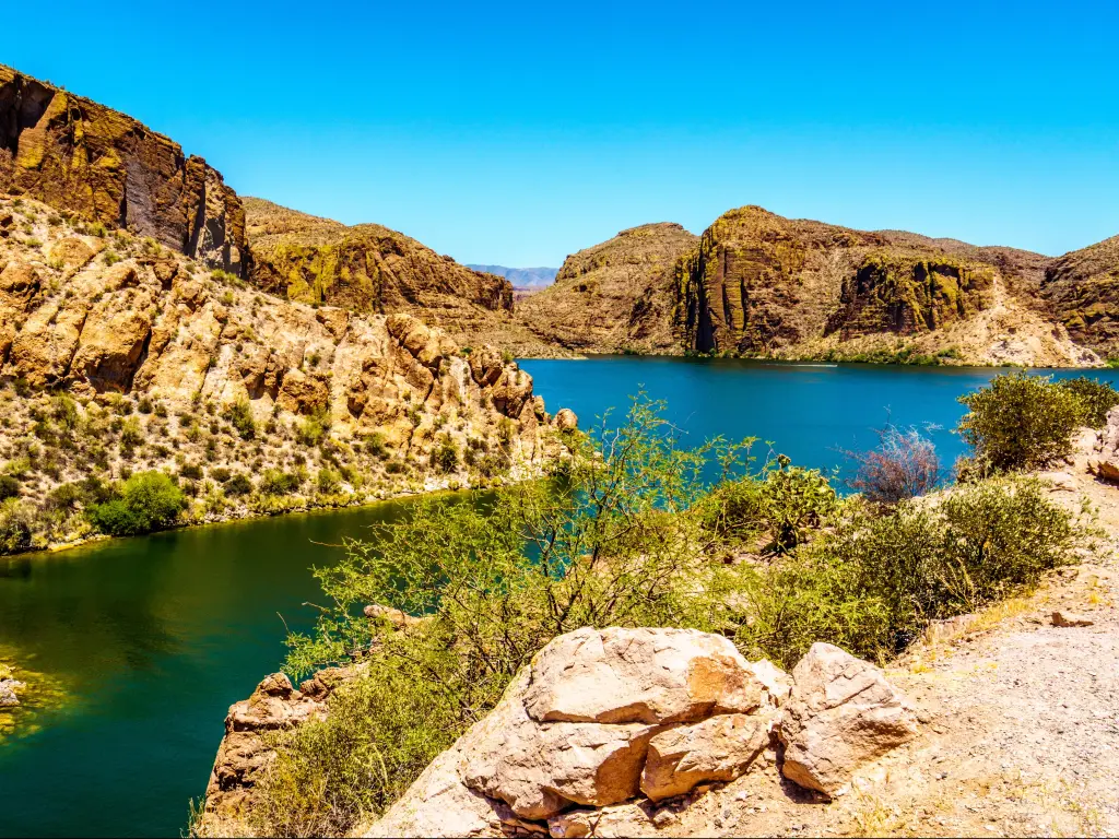 Canyon Lake and the Desert Landscape of Tonto National Forest along the Apache Trail in Arizona, USA