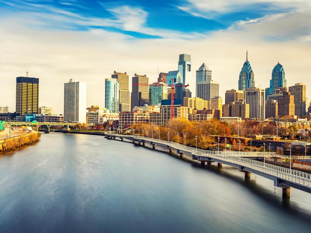 Panoramic picture of Philadelphia skyline and Schuylkill river, PA, USA.