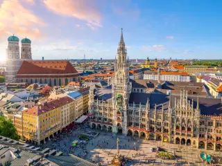 Munich skyline with Marienplatz town hall in Germany