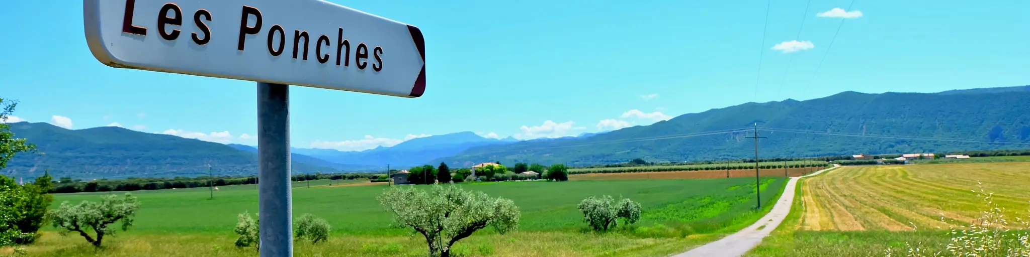 A road sign in France with a road in the background and lots of very green countryside