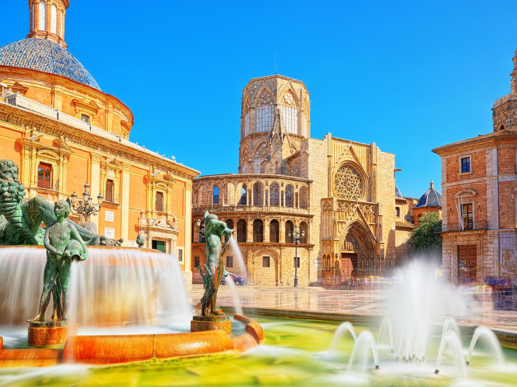 Valencia, Spain taken at the Fountain Rio Turia on Square of the Virgin Saint Mary, Valencia Cathedral, Basilica of Virgen the Helpless.