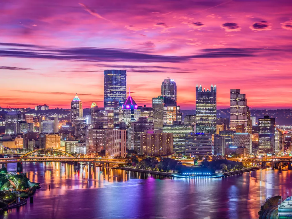 Pittsburgh, Pennsylvania, USA with the city skyline taken at early evening with a stunning red sky. 