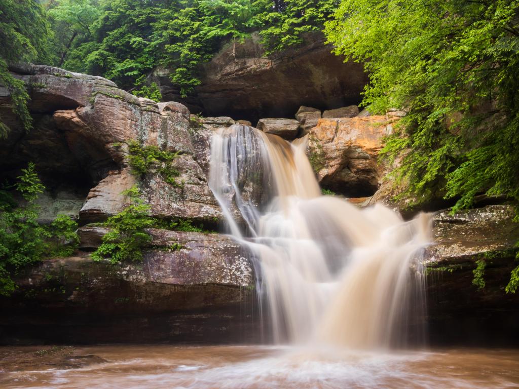 Water falls over rocks surrounded by trees