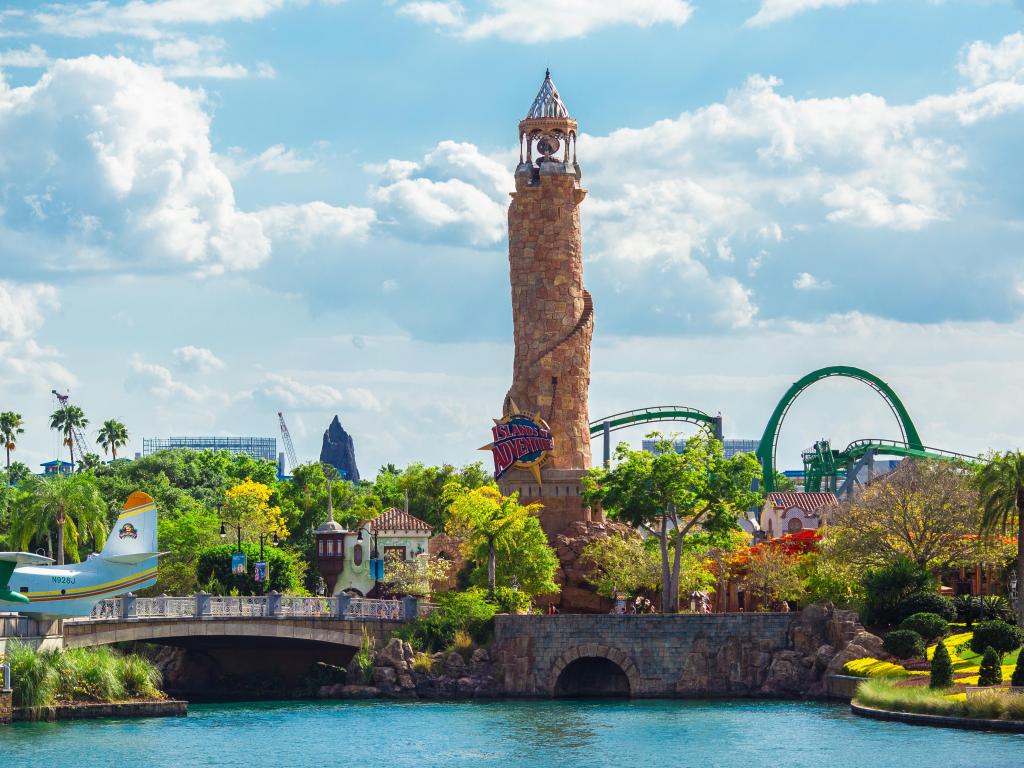 Orlando, Florida, USA at Universal studios city walk with a view of the Lighthouse, entrance to Islands of Adventure.