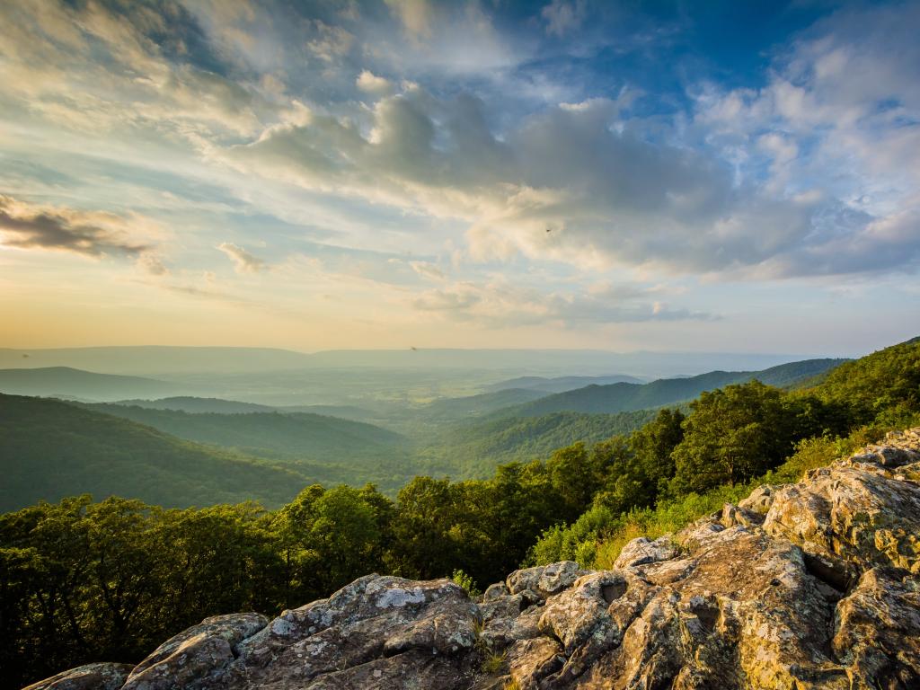 View of the green Shenandoah Valley at sunset from Franklin Cliffs Overlook, on Skyline Drive, in Shenandoah National Park, Virginia