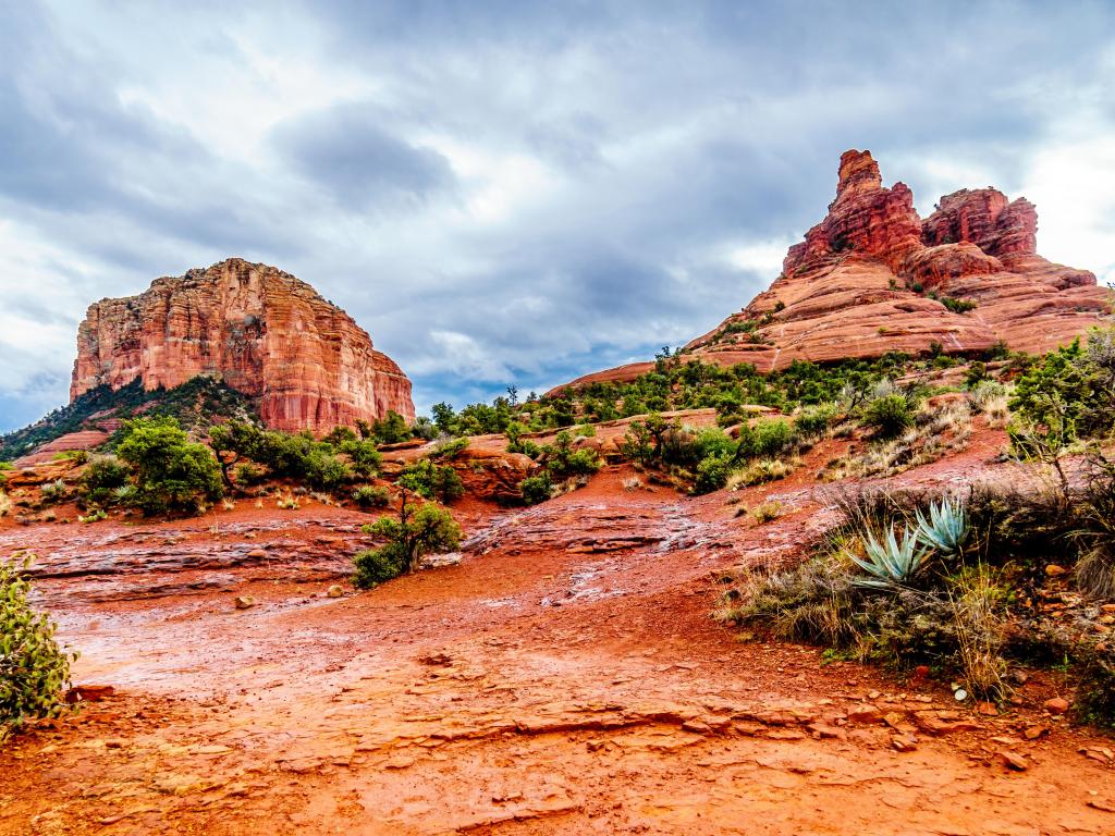 Coconino National Forest, Arizona, USA after rain showers, streams and puddles forming at Bell Rock and Courthouse Butte, famous red rocks between the Village of Oak Creek and Sedona in northern Arizona's Coconino National Forest.