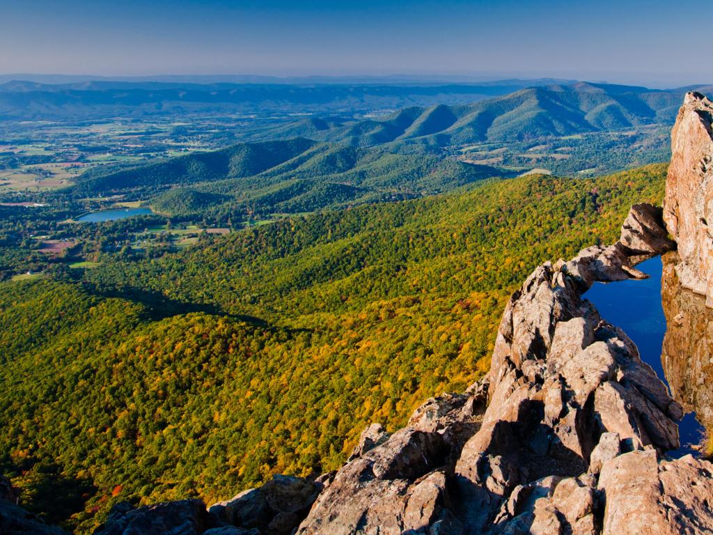 Shenandoah National Park, Virginia, USA with a view of the Shenandoah Valley and the Blue Ridge Mountains from Little Stony Man Cliffs taken on a sunny day.