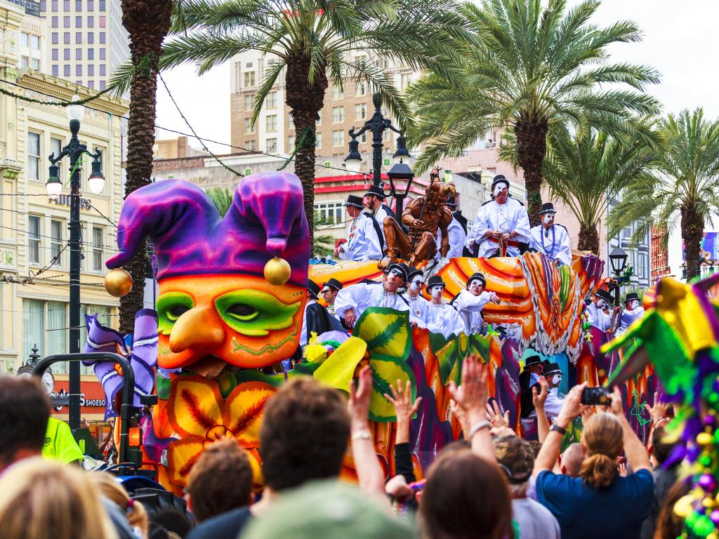 Mardi Gras, New Orleans, USA with the iconic parade through the streets of New Orleans. 