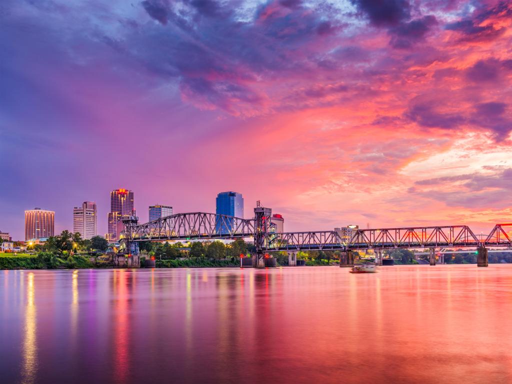 Little Rock, Arkansas, USA downtown skyline on the Arkansas River at early evening.