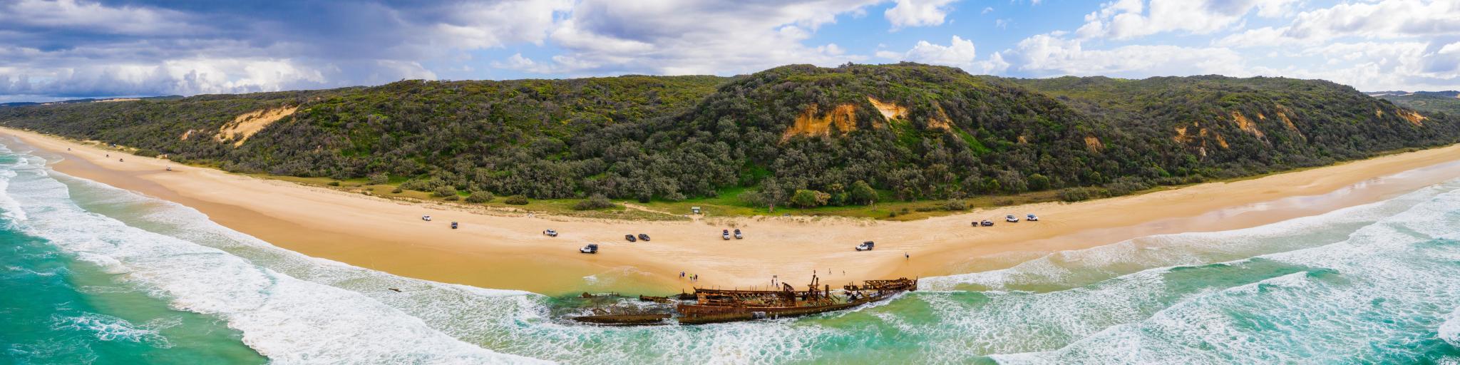Panorama of the Maheno shipwreck on Fraser Island, Queensland, Australia